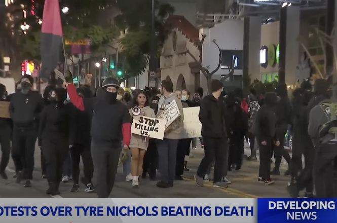 A protest in downtown Los Angeles on Jan. 28, 2023, following the release of video footage showing police officers fatally beating motorist Tyre Nichols