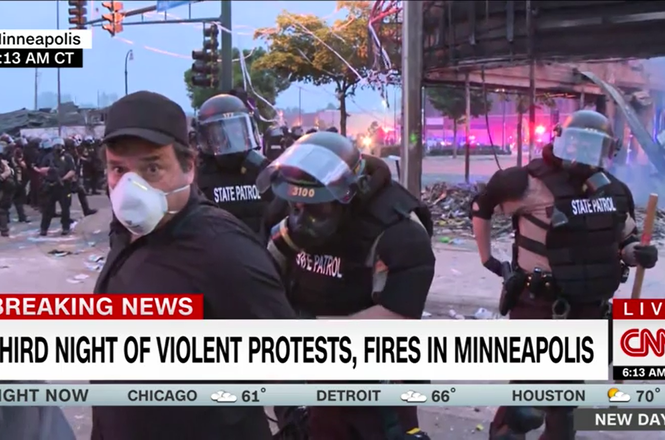 CNN producer Bill Kirkos is arrested with two other members of the news crew during a live broadcast from protests in Minneapolis, Minnesota on May 29, 2020. (SCREENSHOT) Kirkos_CNN_arrest_0529_MN.png