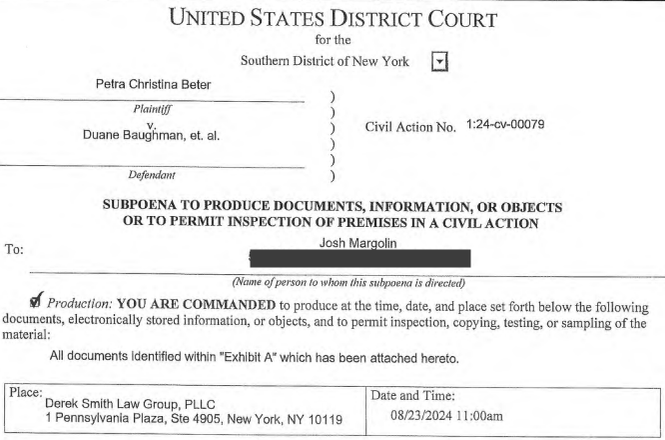 A portion of a subpoena for documents received by reporter Josh Margolin on Aug. 9, 2024, in New York, in connection with a 2012 story for the New York Post.
