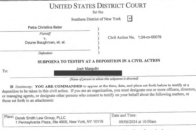 A portion of a deposition subpoena received by reporter Josh Margolin on Aug. 9, 2024, in New York, in connection with a 2012 story for the New York Post.