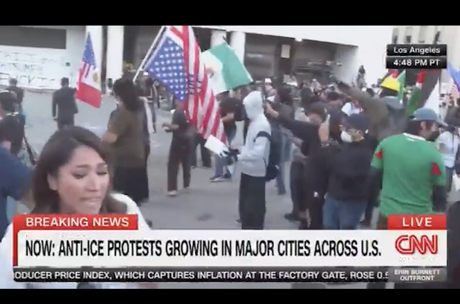 CNN correspondent Veronica Miracle, bottom left, reacts moments after a federal officer shot her in the calf with a pepper ball while she was reporting on immigration protests outside a detention facility in Los Angeles, California, on Jan. 30, 2026.