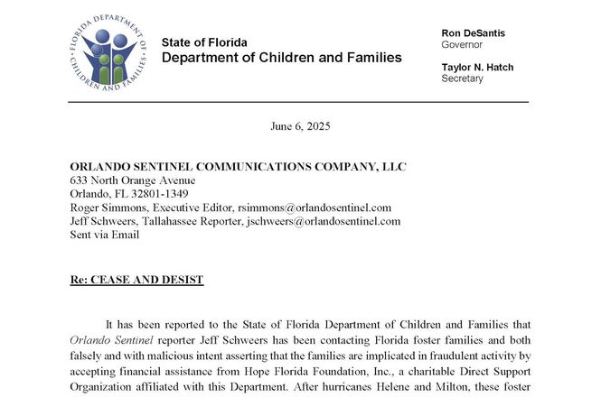 A portion of the cease and desist letter addressed to the Orlando Sentinel by a Florida state agency on June 6, 2025