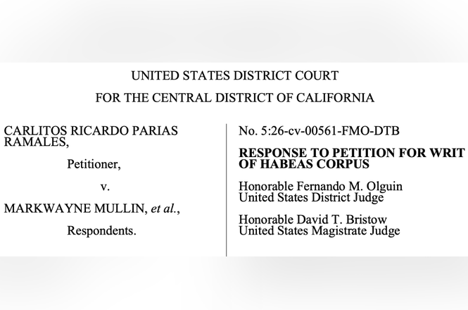 A portion of a court document related to the immigration detention of journalist Carlitos Ricardo Parias, who was shot in the arm and arrested by federal agents on Oct. 21, 2025, in Los Angeles, California.
