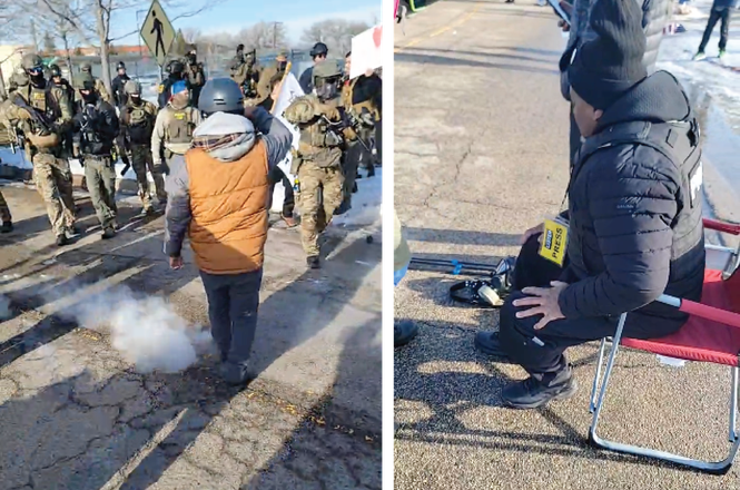 Photojournalist KingDemetrius Pendleton, behind the camera at left and following his injury at right, was shot in the foot with a crowd-control munition fired by a federal officer while covering a protest near Minneapolis, Minnesota, on Jan. 9, 2026.