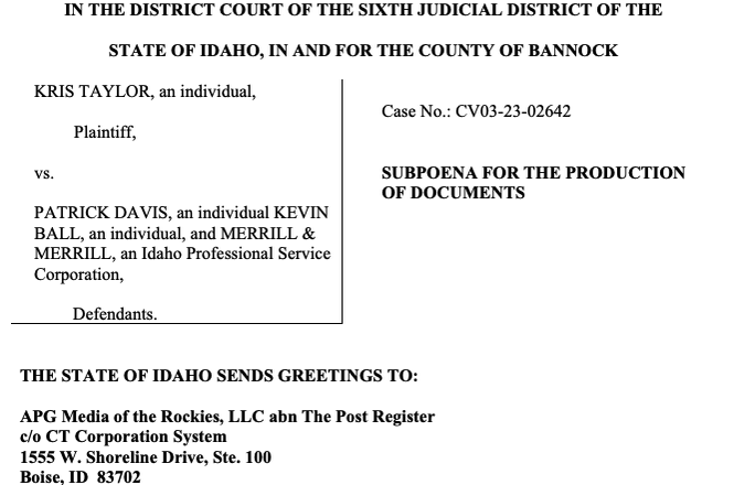A portion of an April 19, 2024, subpoena received by Idaho Falls’ Post Register from a plaintiff in a Pocatello, Idaho, defamation lawsuit.