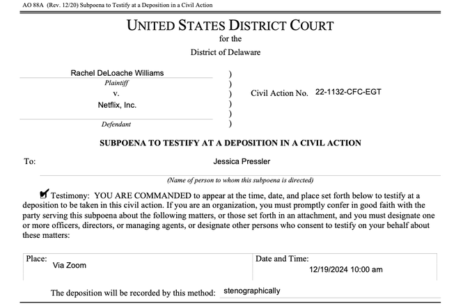 A portion of a subpoena sent to New York magazine staff writer Jessica Pressler on Oct. 24, 2024, ordering her to testify in connection with a defamation lawsuit against Netflix.