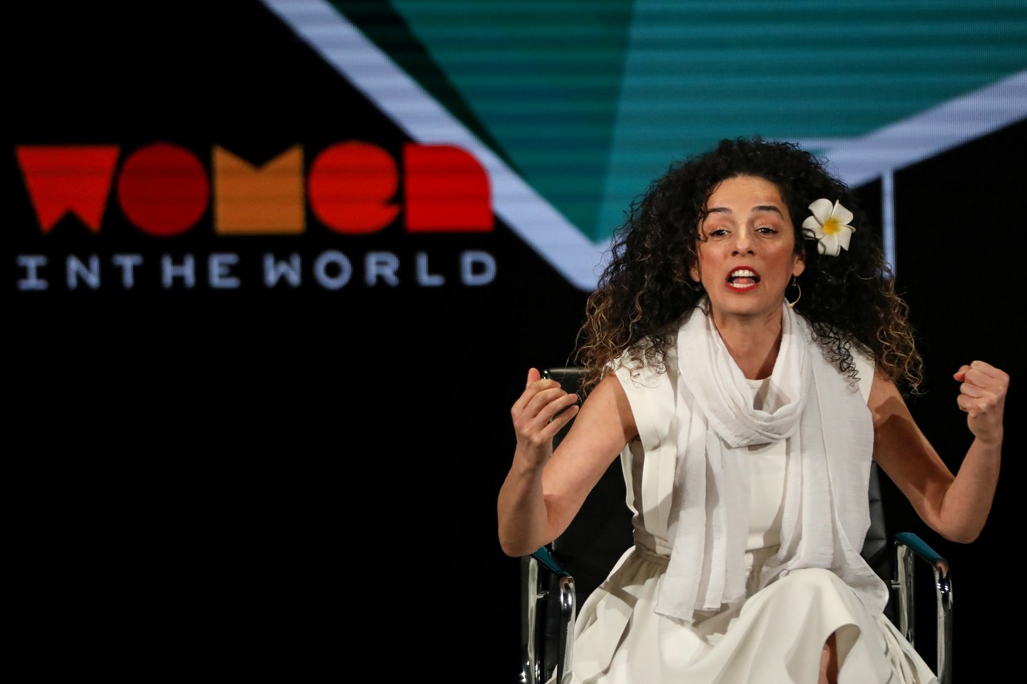 Iranian journalist Masih Alinejad speaks onstage in 2019