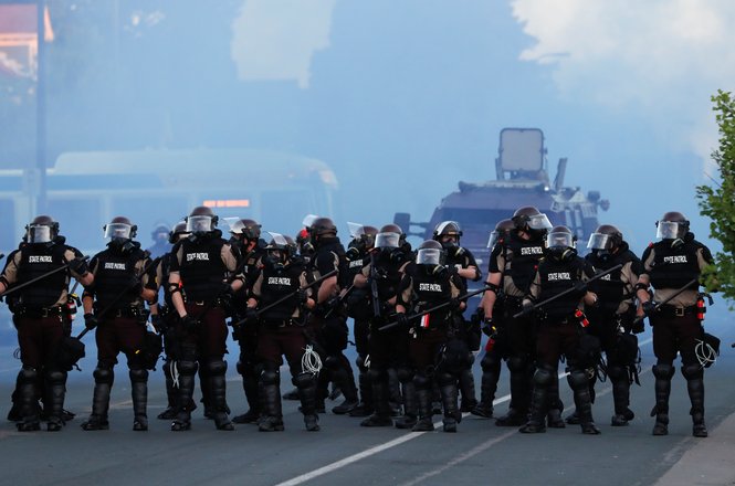 Law enforcement at a Minneapolis protest on May 30, 2020, after the police killing of George Floyd
