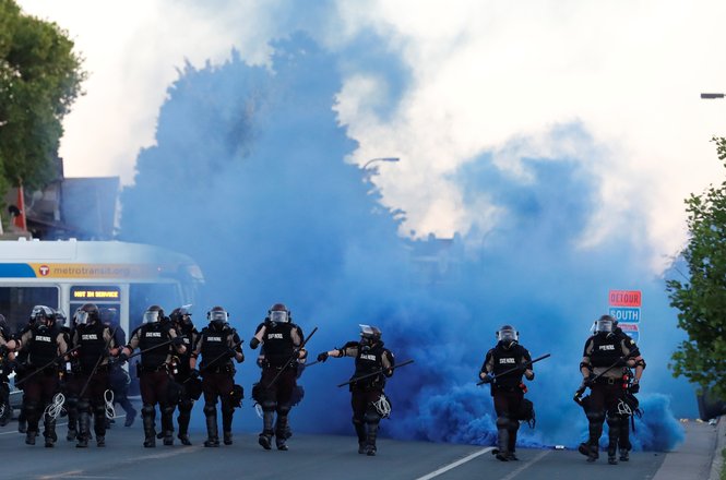 Law enforcement at a Minneapolis protest on May 30, 2020, after the police killing of George Floyd