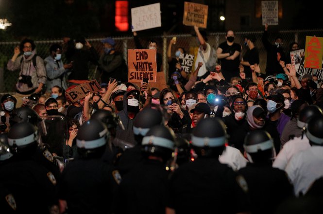 Demonstrators gather after curfew in lower Manhattan on June 2, 2020. Although media is exempt from curfew orders, two journalists with The Associated Press were forced by law enforcement to stop documenting the protests and leave the area. (REUTERS/BRENDAN MCDERMID) 0602 NYC floyd assault AP.JPG