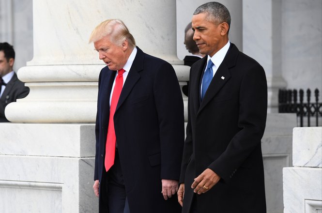 President Donald Trump and former President Barack Obama walk out of the East front prior to Obama's departure from the 2017 Presidential Inauguration at the U.S. Capitol in Washington, D.C., on January 20, 2017. (REUTERS/JACK GRUBER/POOL) Obama and Trump