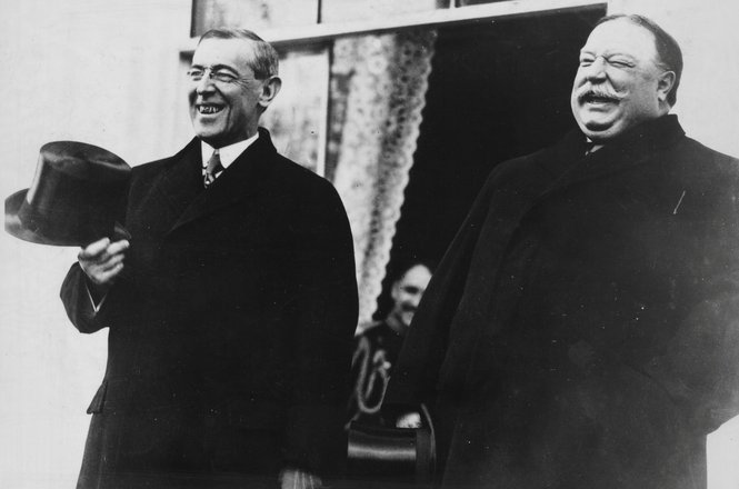 President-elect Woodrow Wilson and President Taft laugh on the White House steps before departing together for Wilson's inauguration in Washington, D.C., U.S. in March 1913. (LIBRARY OF CONGRESS) Woodrow Wilson and William Howard Taft