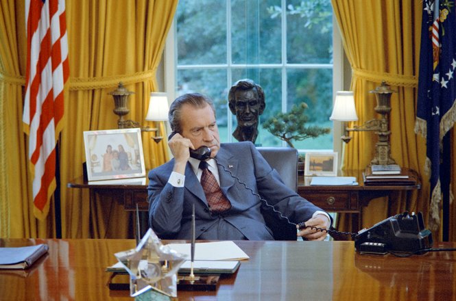 U.S. President Richard Nixon seated at his desk in the White House Oval Office on June 23, 1972. (COURTESY THE NIXON LIBRARY AND MUSEUM) Richard Nixon