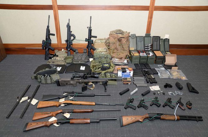 A cache of guns and ammunition was uncovered in February by U.S. federal investigators in the home of U.S. Coast Guard lieutenant Christopher Paul Hasson in Silver Spring, Maryland. (U.S. ATTORNEY'S OFFICE MARYLAND/HANDOUT VIA REUTERS) MD_Hasson