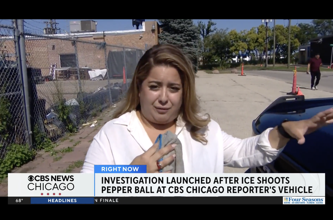 WBBM-TV reporter Asal Rezaei was shot at with a pepper ball by federal officers while driving near a U.S. Immigration and Customs Enforcement facility in Broadview, Illinois, on Sept. 28, 2025. Local police have opened an investigation into the incident.