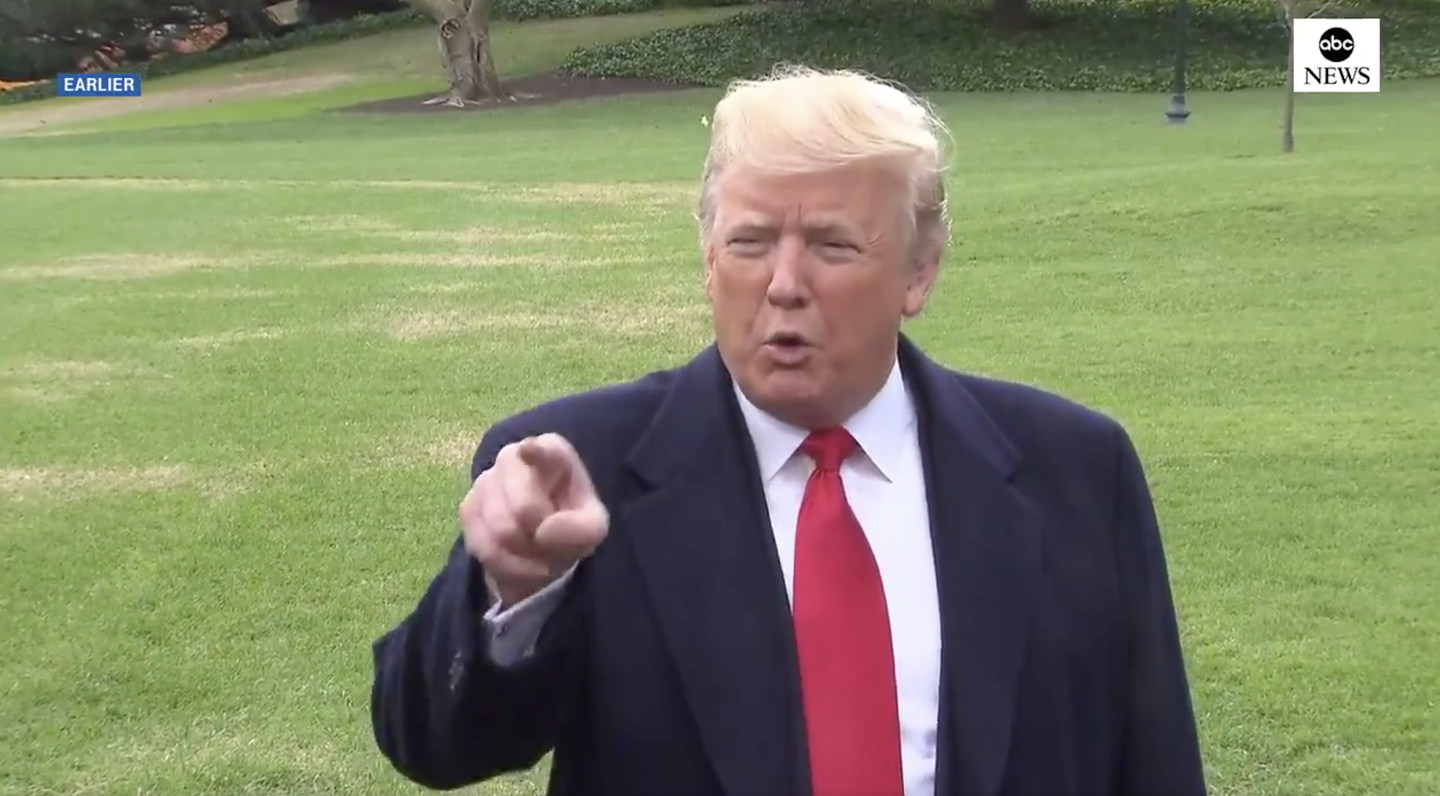 Trump pointing at ABC News reporter Karen Travers