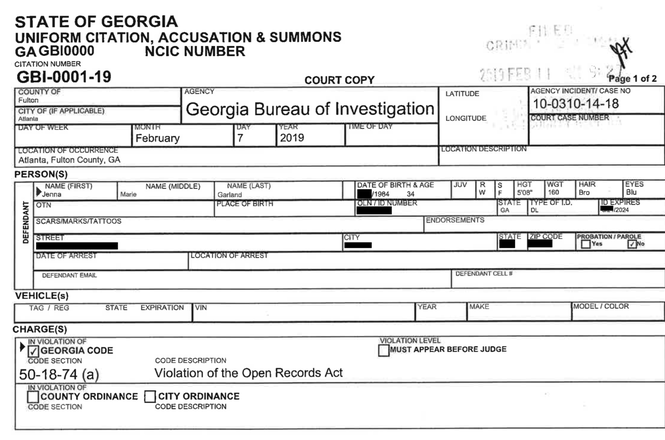 A portion of one of two citations issued in connection with violating Georgia's Open Records Act. GA_ORA