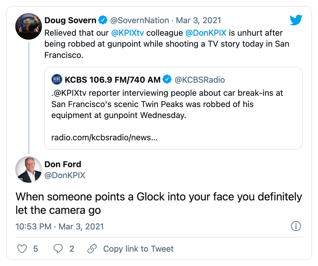Image of a tweet from a broadcaster robbed at gunpoint