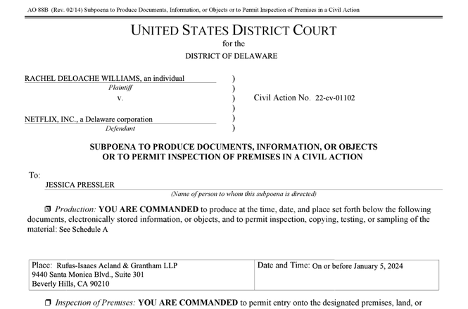 A portion of the subpoena issued to New York magazine staff writer Jessica Pressler on Dec. 6, 2023, ordering her to produce her communications and newsgathering materials in connection with a defamation lawsuit against Netflix.