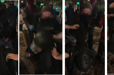 A police compilation of video screenshots captures reporter Cam Higby being assaulted during an anti-deportation protest in Seattle, Washington, on June 14, 2025.