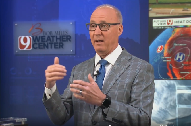 KWTV-DT Chief Meteorologist David Payne speaks during a news broadcast about the station’s weather radar in Oklahoma City, Oklahoma. The system was intentionally disabled on July 6, 2025.
