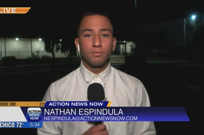 Nathan Espindula, seen above in a standup shot, said his news camera was damaged by a man who harassed him with racial slurs while reporting in Chico, California, on Sept. 4, 2025.