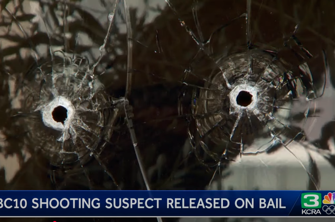 Shattered glass at the KXTV building in Sacramento, California, after a drive-by shooting on Sept. 19, 2025.