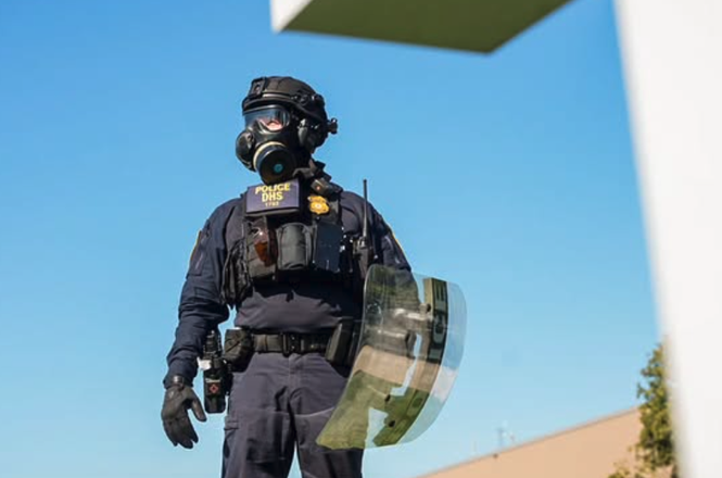 A Department of Homeland Security officer at a protest in Broadview, Illinois, on Sept. 26, 2025.