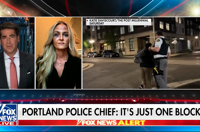 Katie Daviscourt, second from left, speaks to Fox News host Jesse Watters on Oct. 1, 2025, about her reported assault the day before, while covering an anti-deportation protest in Portland, Oregon.