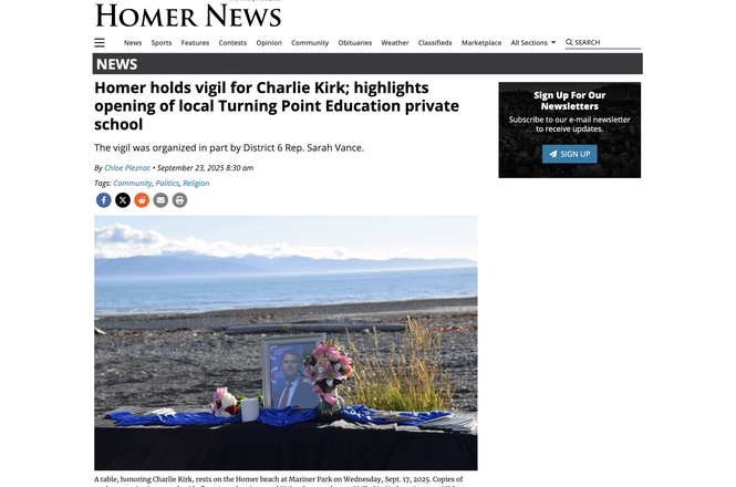 Homer News reported on a vigil held in a small Alaska town on Sept. 17, 2025, for right-wing activist Charlie Kirk. A state lawmaker who helped organize the vigil pressured the newspaper’s parent company to revise the article to remove “partisan spin.”