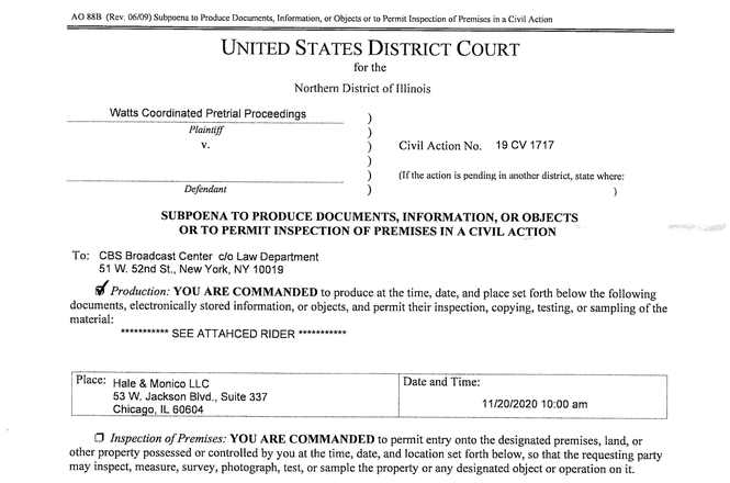 A portion of a Nov. 5, 2020, subpoena issued to CBS News in Chicago, Illinois, demanding the network turn over reporting materials related to a story on the Chicago Police Department.