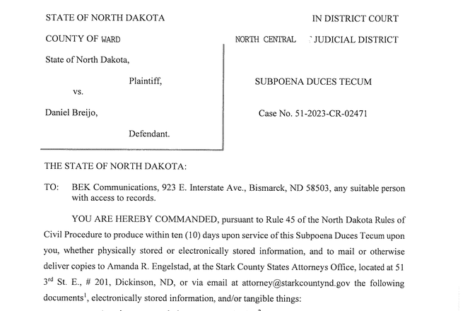 A portion of a Sept. 30, 2025, subpoena issued by prosecutors in Minot, North Dakota, seeking communications and unpublished material from broadcast and news company BEK Communications.