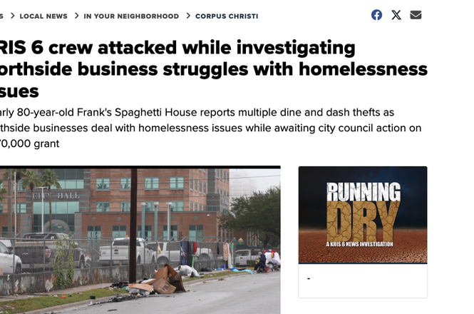 A KRIS-TV web article reporting on the assault of its news photographer Andrew Bishop, who was struck in the head while covering the homeless issue in Corpus Christi, Texas, on Dec. 17, 2025.
