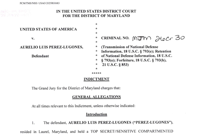 A portion of the Maryland grand jury indictment from Jan. 22, 2026, charging Pentagon contractor Aurelio Luis Perez-Lugones with unlawfully retaining and transmitting classified national defense information to a journalist.