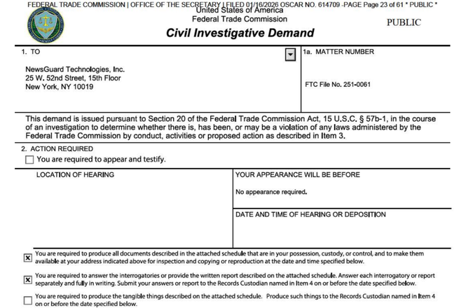 A portion of the Federal Trade Commission’s demand for NewsGuard to hand over documents regarding its operations, issued May 20, 2025, in Washington, D.C.