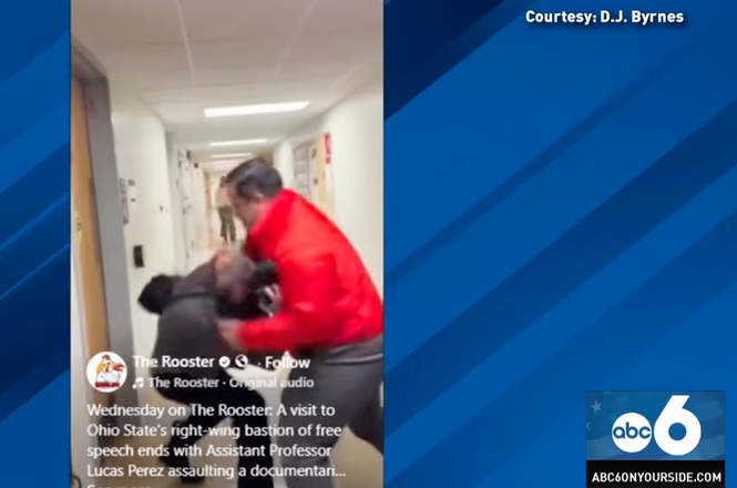 Independent documentarian Mike Newman is seen being tackled by a professor while filming at Ohio State University in Columbus on Feb. 9, 2026.