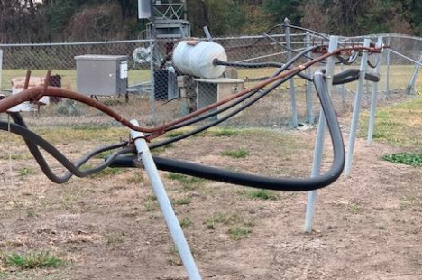 Damage visible at the WDMS and WGVM broadcast tower site in Greenville, Mississippi, after copper thieves targeted the radio stations’ equipment on Nov. 21, 2025.