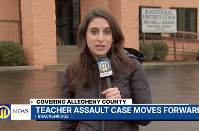 WPXI journalist Gabriella DeLuca, reporting after a man allegedly tried to run her and a photographer over while covering a court hearing in Cheswick, Pennsylvania, on Feb. 18, 2026.