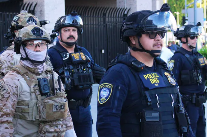 Law enforcement at an immigration protest in Los Angeles, California, on April 11, 2026.