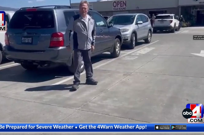 Utah state Sen. Jerry Stevenson confronts KTVX/KUCW reporter Bayan Wang on May 6, 2026, outside a business Stevenson owns in Layton, Utah