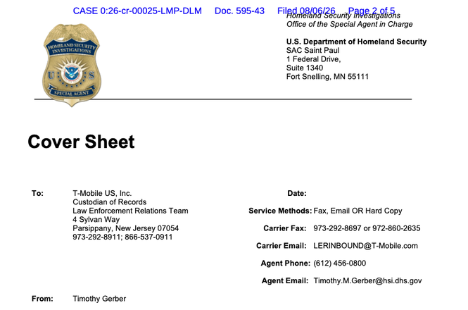 A Jan. 20, 2026, administrative subpoena issued to T-Mobile by the Department of Homeland Security in St. Paul, Minnesota, requesting information about the cellphone account of journalist Georgia Fort.