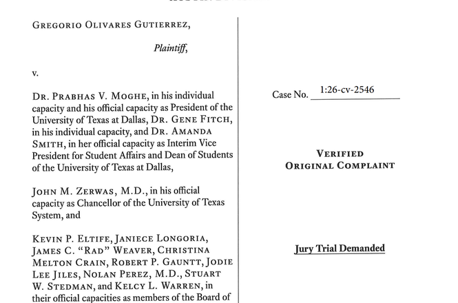 Gregorio Olivares Gutierrez, former editor of a student newspaper at the University of Texas at Dallas, filed a federal lawsuit in September 2026, after he was removed from his post on Sept. 13, 2024, and suspended in 2025 over an editor’s note.