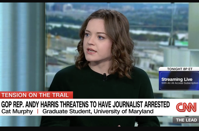 Cat Murphy, a student reporter for Capital News Service, recounts on CNN’s “The Lead with Jake Tapper” being threatened with legal action by Rep. Andy Harris for recording him during an Oct. 13, 2026, news conference in Cambridge, Maryland.