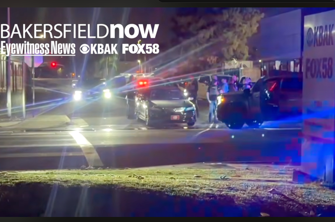 A screengrab of police investigating a shooting at KBAK-TV/KBFX-CD studios in Bakersfield, California. The sister stations were targeted in separate shootings on Oct. 9 and Oct. 13, 2026.