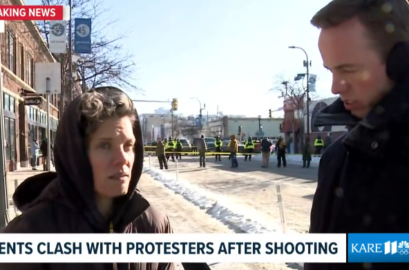 KARE anchor Jana Shortal, at left, tells reporter Joe McCoy about being pushed and targeted with a chemical irritant while covering the aftermath of a fatal shooting by Border Patrol agents in Minneapolis, Minnesota, on Jan. 24, 2026.