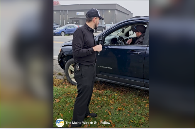 Maine Wire reporter Joe Sokol speaks with a driver while reporting near an addiction treatment center in Bangor, Maine, on Oct. 1, 2026; seconds later, the man drove toward Sokol, knocking over his camera. The driver was arrested the following day.