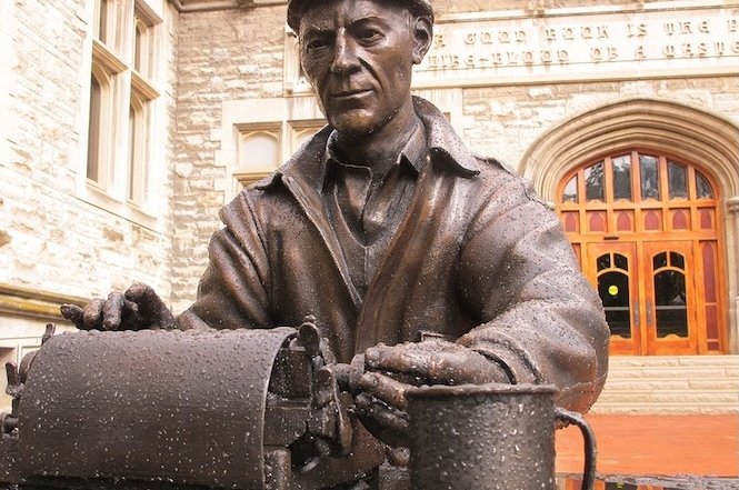 The Indiana Daily Student was ordered by officials at Indiana University Bloomington to cease publishing its print version on Oct. 15, 2025. Above, a statue of journalist and alum Ernie Pyle in front of the building housing the student-run news outlet.