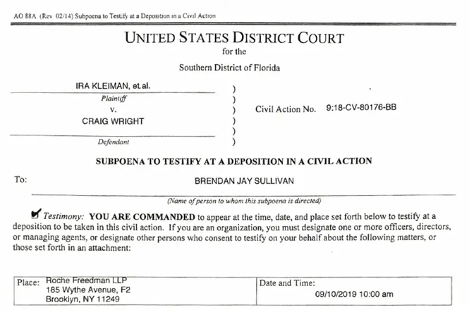 A portion of a subpoena received by journalist Brendan Sullivan on Aug. 27, 2019, for documents and testimony related to his interviews with Craig Wright, a computer scientist who claimed to be the creator of bitcoin.