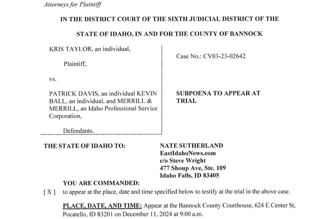 A portion of a Dec. 5, 2024, subpoena received by EastIdahoNews.com managing editor Nate Sunderland for testimony in a defamation case