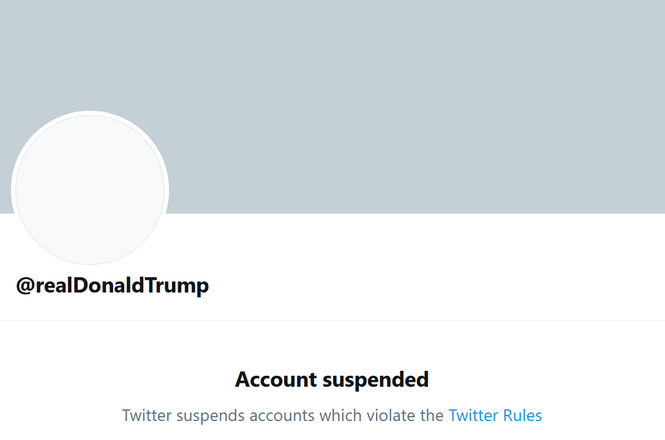 Twitter suspended President Donald Trump's personal account, @realDonaldTrump, on Jan. 8, 2021, citing “risk of further incitement of violence” and a pattern of behavior that violated the company's rules. (SCREENSHOT VIA TWITTER) Account suspension